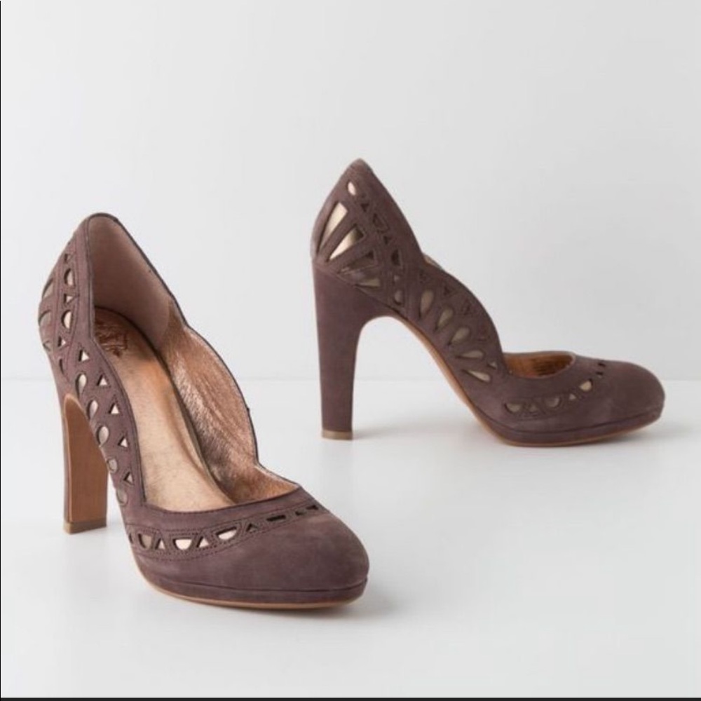Anthropologie miss allbright scalloped suede and gold embellished heels size 10